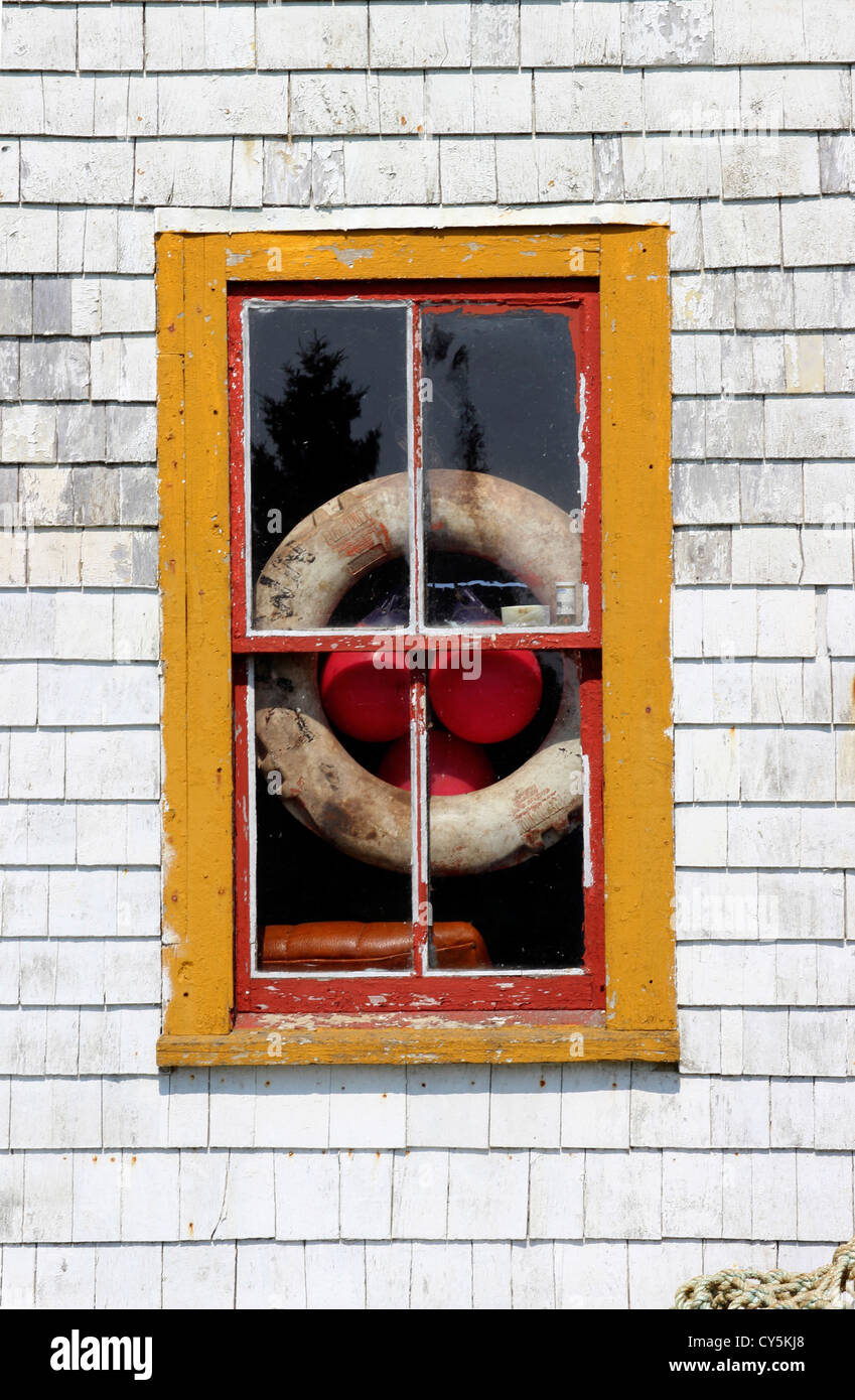 Canada Nova Scotia Atlantic Maritime Provinces Lunenburg rocce blu lobster shack finestra Foto Stock