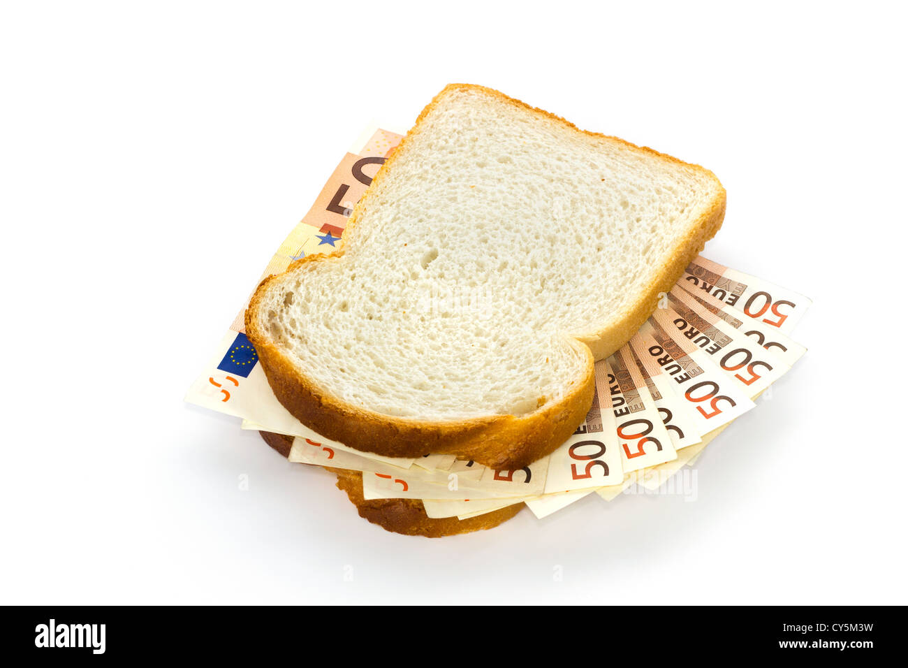 Fette di pane bianco con 50 euro bills riempimento a sandwich Foto Stock