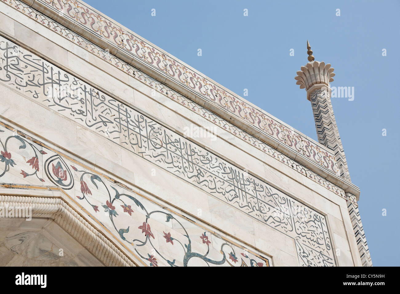 Dettaglio della calligrafia e pietra dura del Taj Mahal - Agra, Uttar Pradesh, India Foto Stock