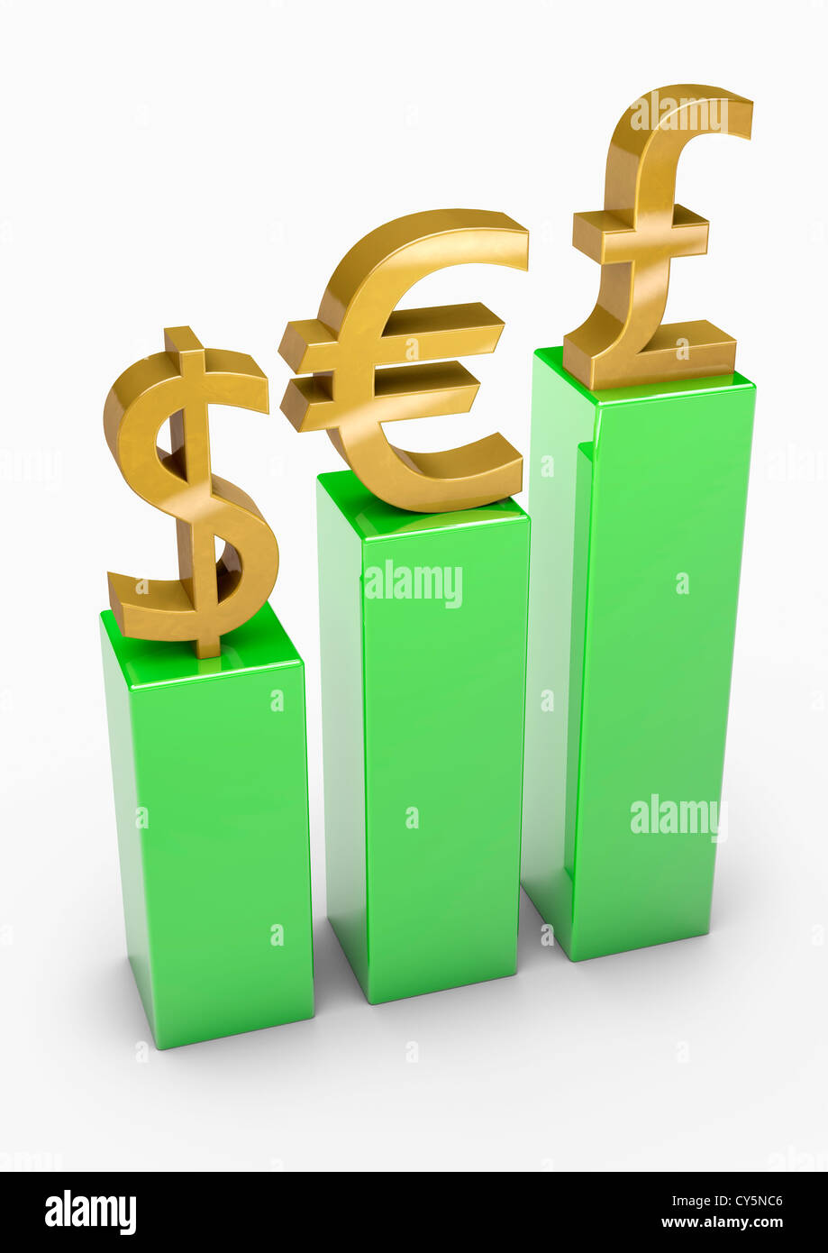 Rendering 3D di un grafico a barre ascendente con simboli di valuta sopra ogni immagine concettuale Foto Stock