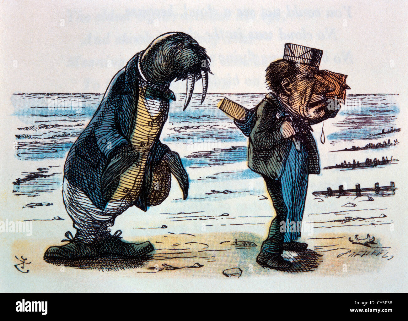 Il Tricheco e il Legnaiuolo, attraverso il Looking Glass da Lewis Carroll, Hand-Colored illustrazione, circa 1872 Foto Stock