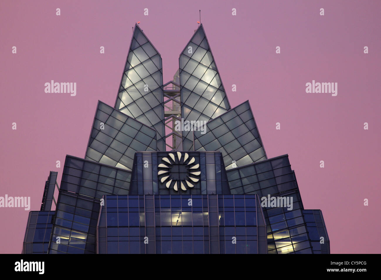 Dettaglio del gelo torre della Banca al tramonto, Austin, Texas Foto Stock