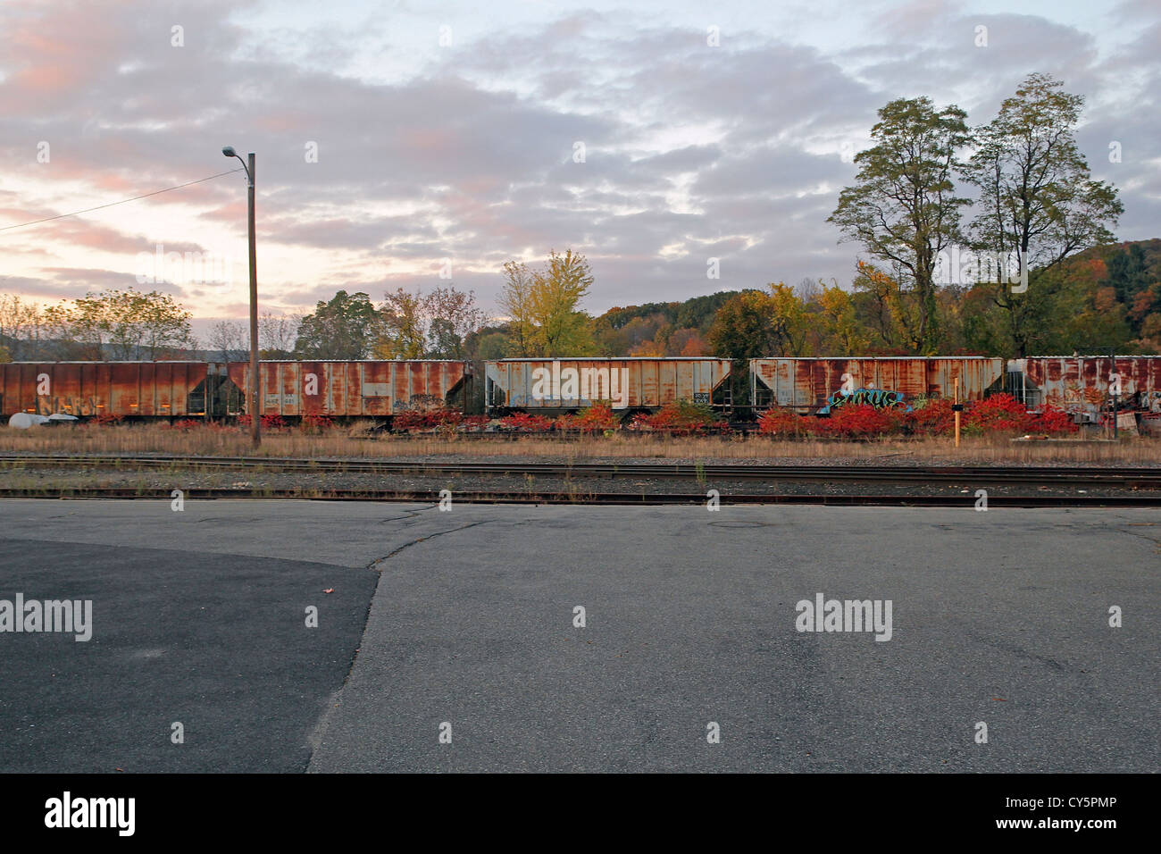 Vecchi vagoni ferroviari al verde ferrovia di montagna nel soffietto cade, Vermont, al tramonto Foto Stock