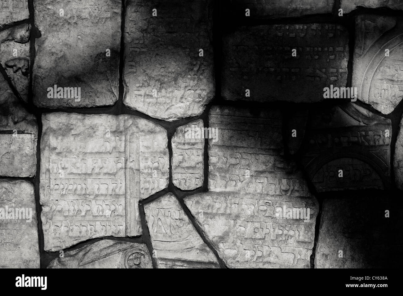 Tree ombre sul Muro del Pianto costruito da frammenti di pietre tombali, Sinagoga Remuh, Kazimierz, Cracovia in Polonia Foto Stock