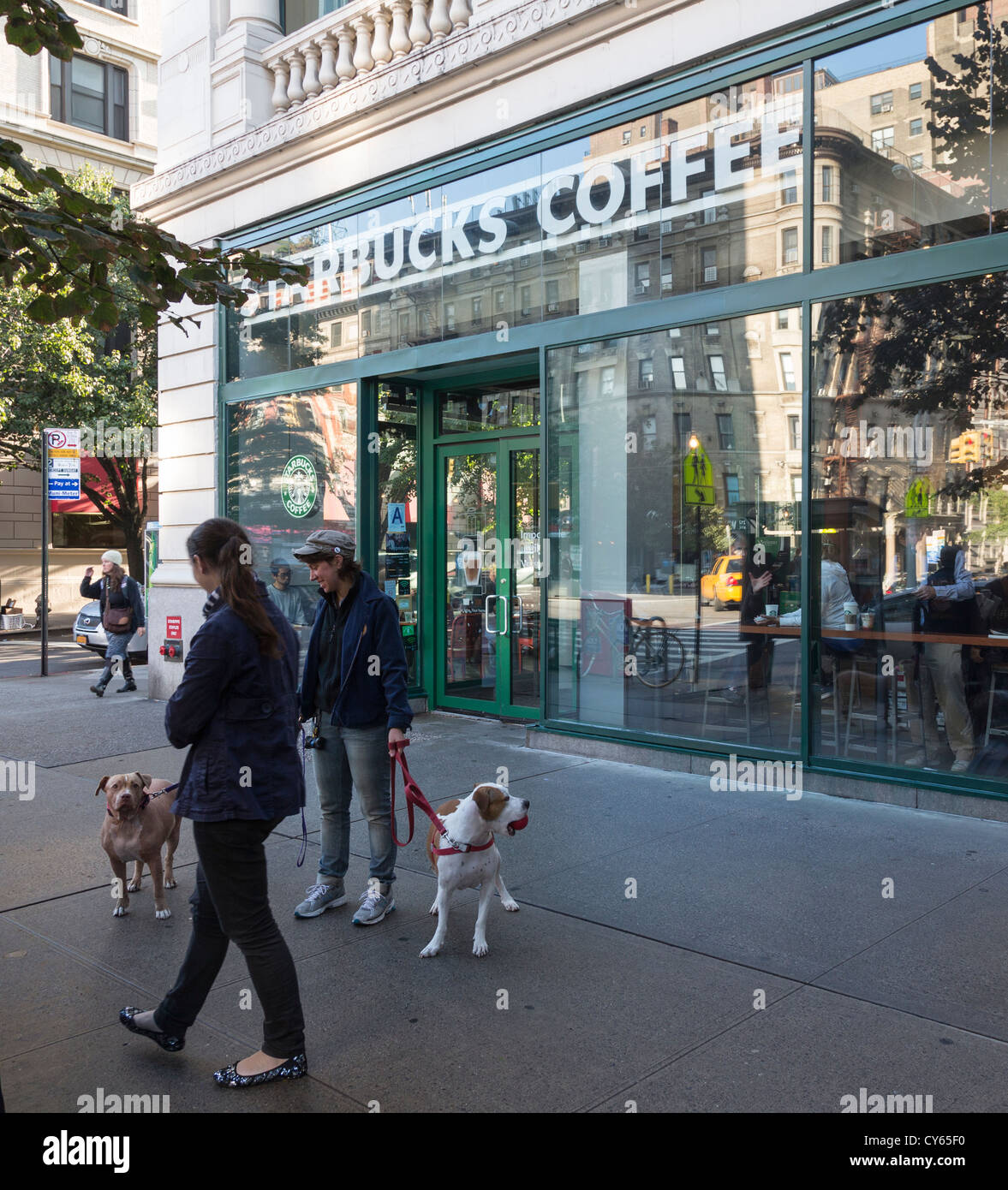 Riunione dei proprietari di cani al di fuori del caffè Starbucks, upper west side di Manhattan, New York City, Stati Uniti d'America Foto Stock