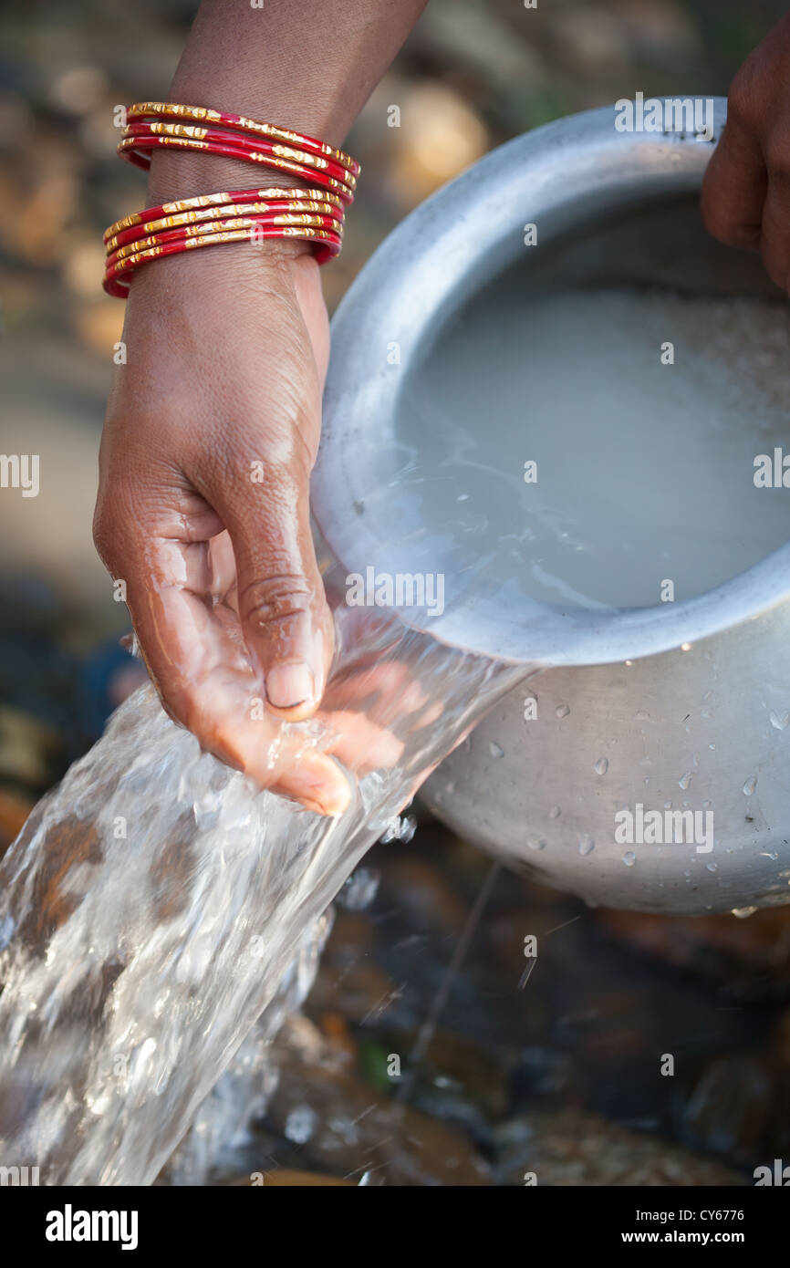 Donna lavare il riso, Goutali village, Chitwan il parco nazionale, il Nepal Foto Stock