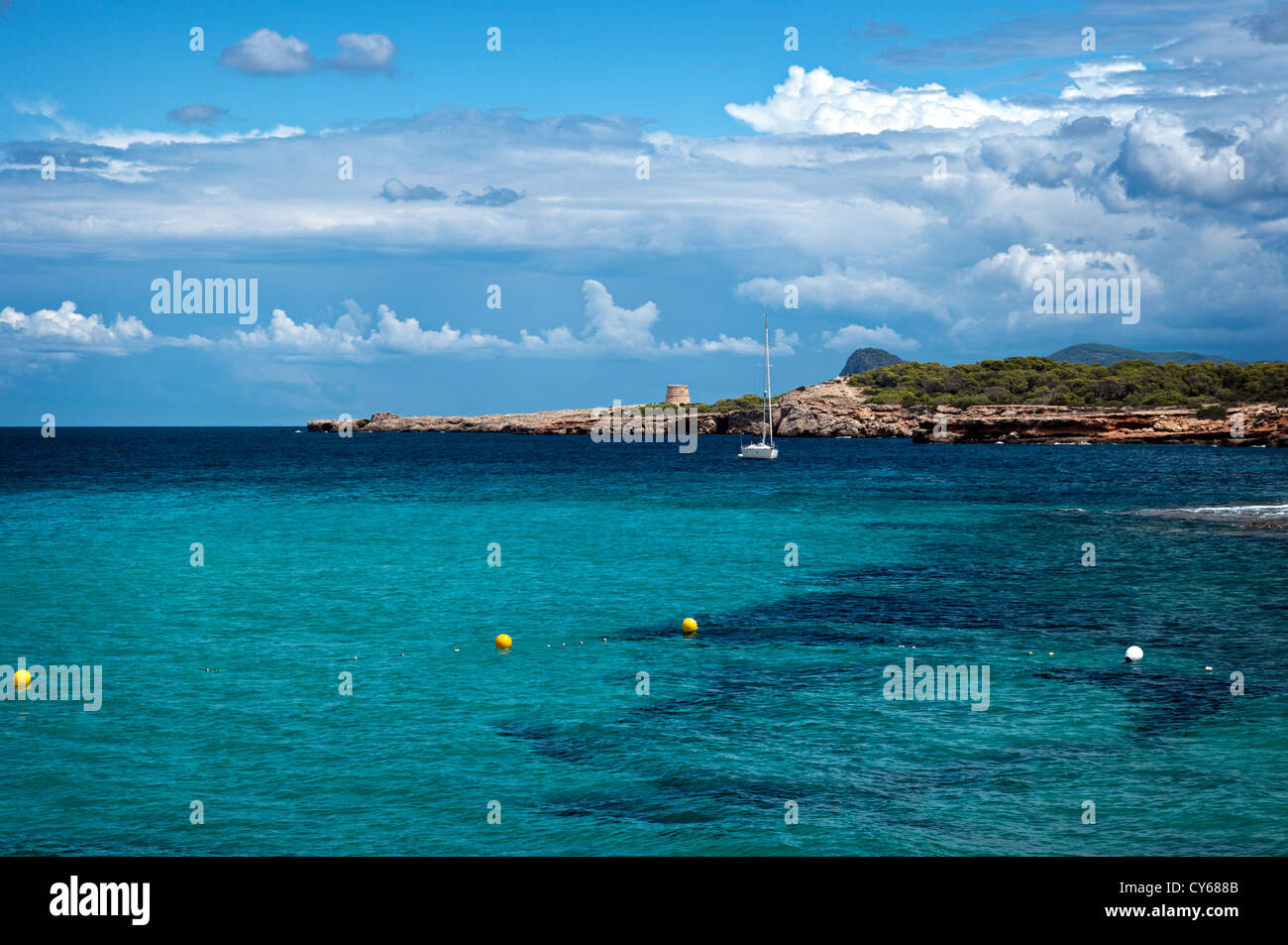 Cala Comte beach. Ibiza. Isole Baleari, Spagna Foto Stock