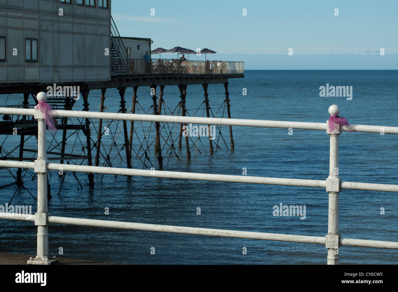 Archetti in rosa per il mese di aprile Jones su Aberystwyth lungomare con il molo in background. Foto Stock