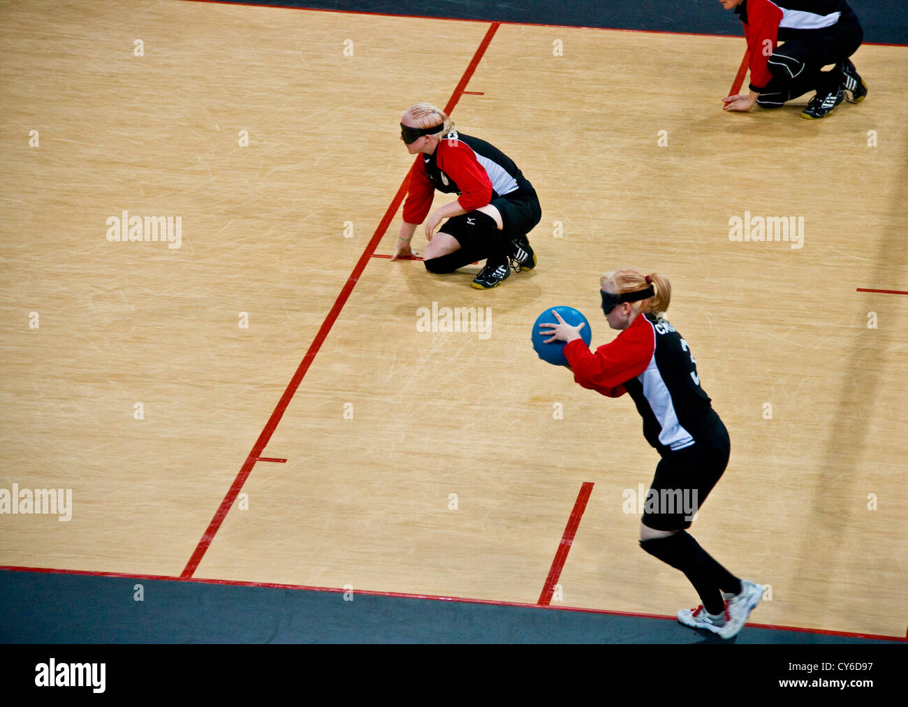 Canadian donna palla team in azione contro il Giappone a Londra 2012 Giochi Paralimpici nella casella di rame. Il Canada ha vinto 1 - 0. Foto Stock