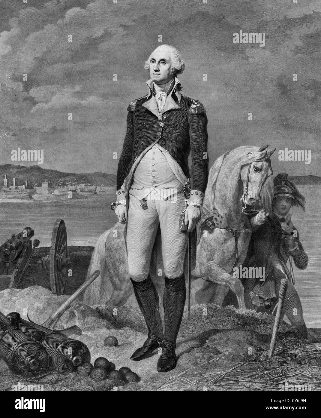 George Washington, ritratto a figura intera, in piedi sul bunker, leggermente rivolta verso sinistra, indossando uniforme militare, aide con cavallo in sfondo vicino, vista del porto di distanza. Foto Stock