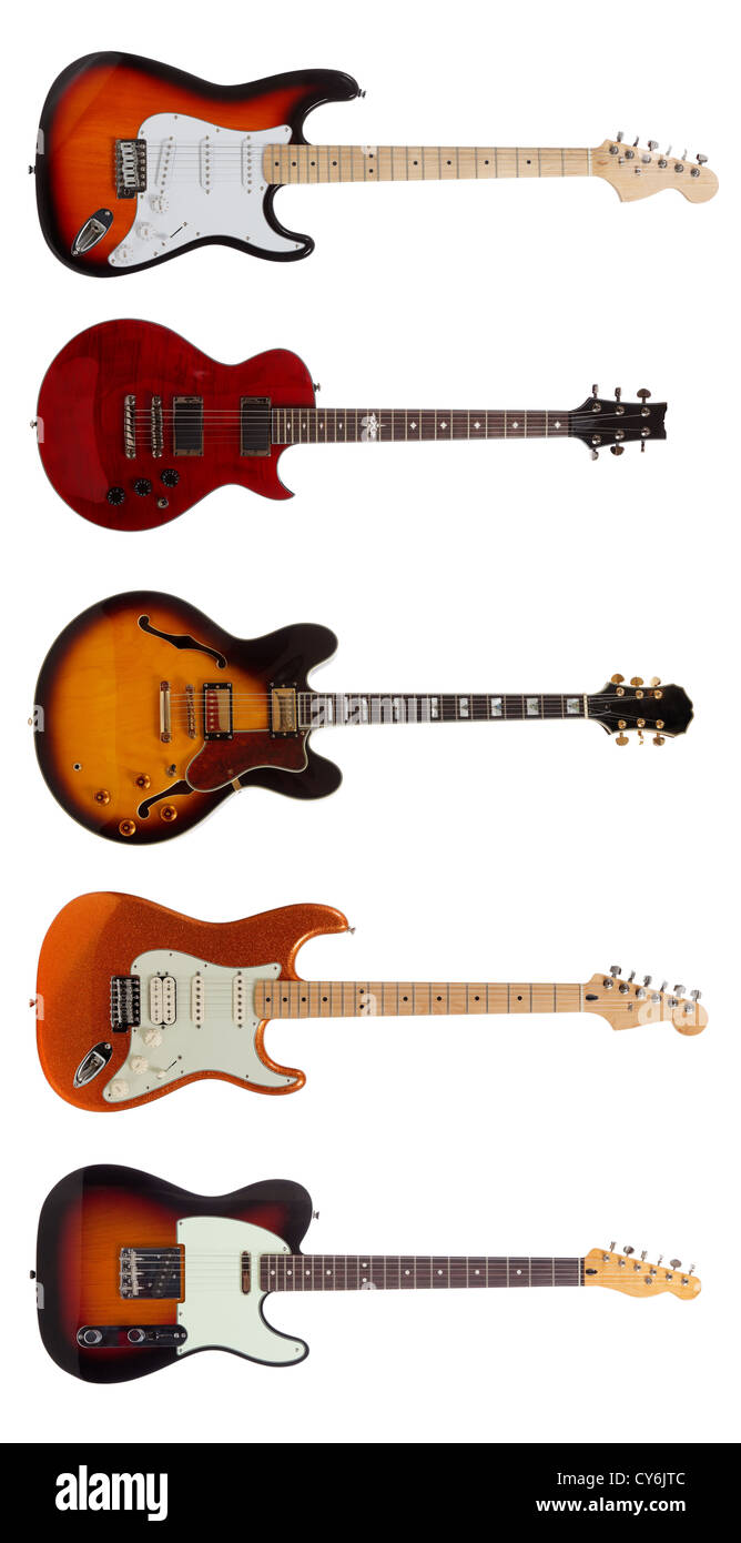 Un gruppo di cinque chitarre elettriche su sfondo bianco Foto Stock