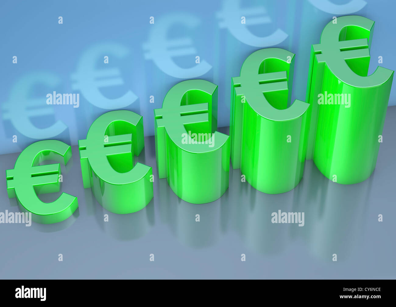 Ordine crescente grafico a barre realizzato da Euro i simboli di valuta - 3D render - Concetto di immagine Foto Stock