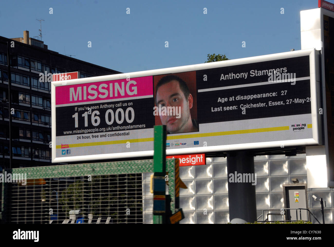 Persona mancante billboard in centro a Londra. Regno Unito Foto Stock