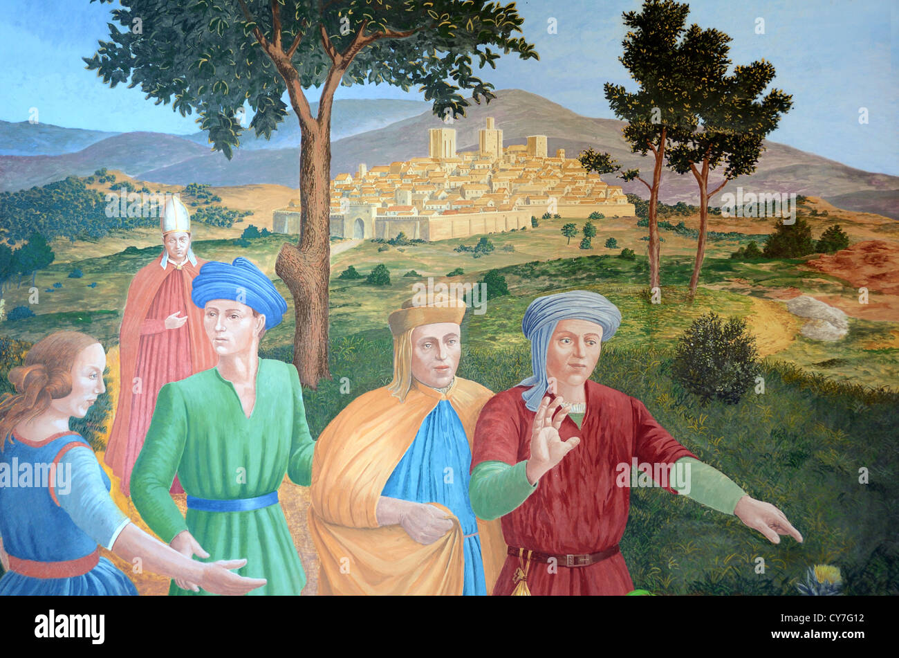 Pittura murale nel giardino medievale che mostra o Uzès Uzes durante il Medioevo Uzes Gard Francia Foto Stock
