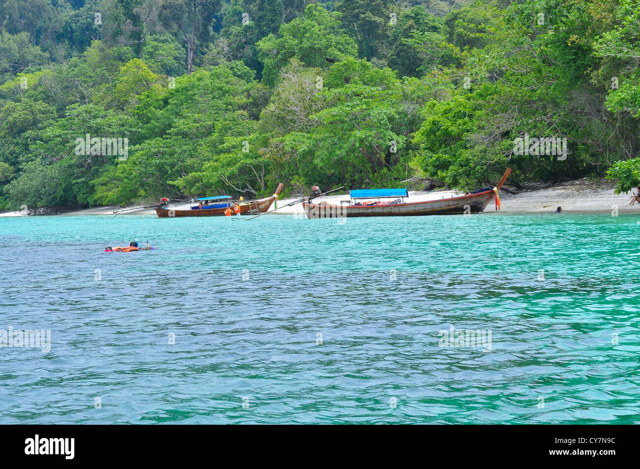 Spiaggia di verde e di imbarcazioni,Lipe Satun isalnd Thailandia Foto Stock