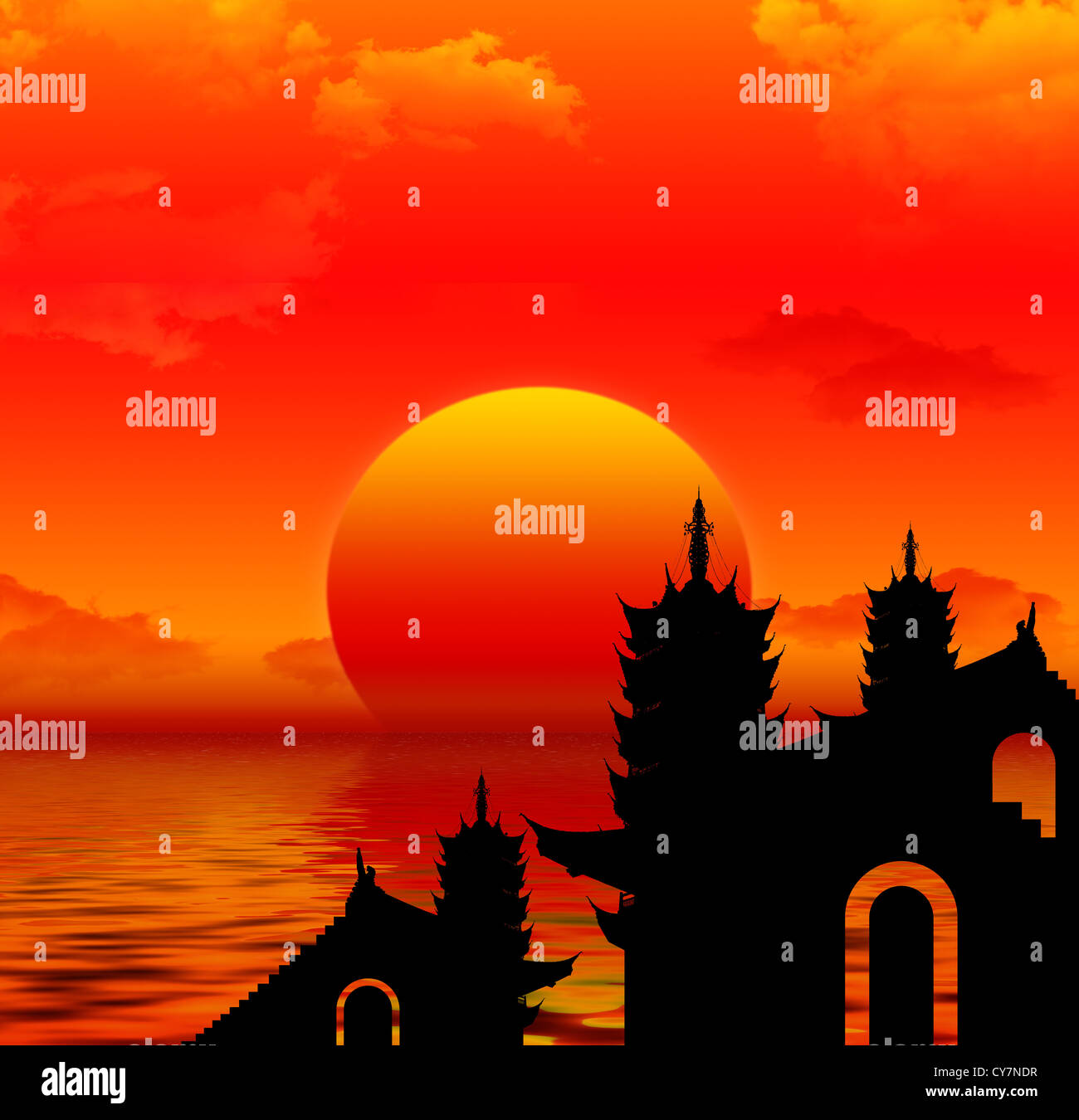 Pagoda silhoutte del tramonto sullo sfondo Foto Stock