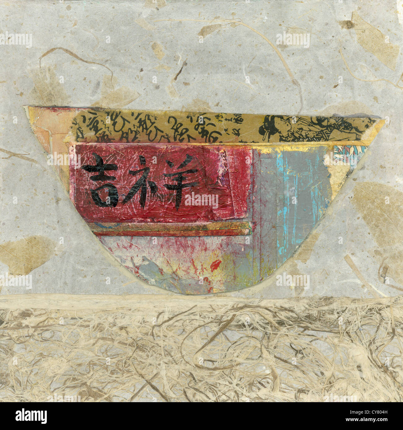 Abstract asian collage di carta di una ciotola con il carattere cinese per fortuna. Foto Stock