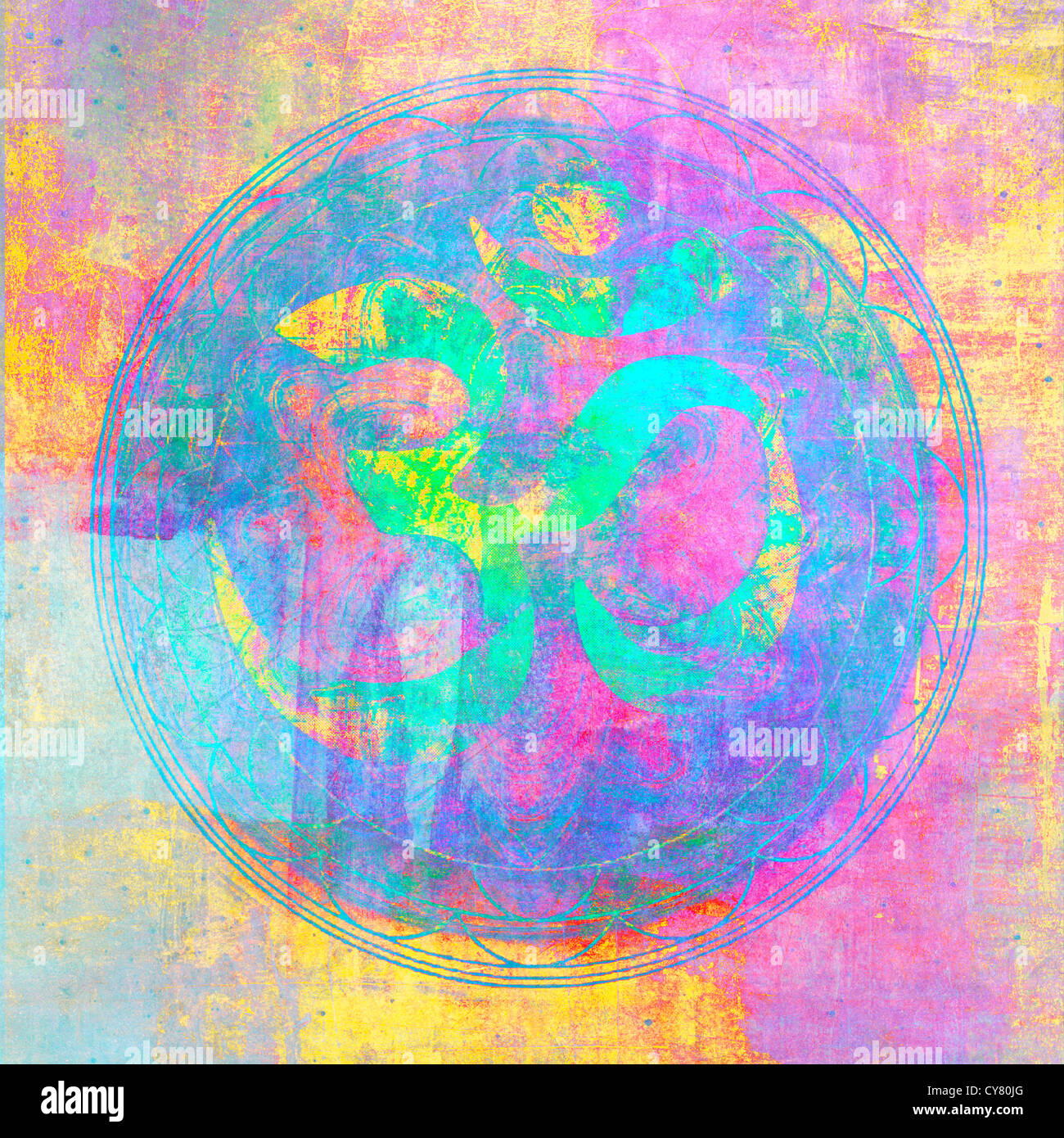 Om segno illustrato con più colori chakra. Foto Stock