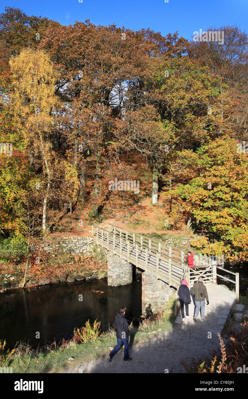 Walkers attraversando ponte di legno Grasmere, Lake District inglese, REGNO UNITO Foto Stock