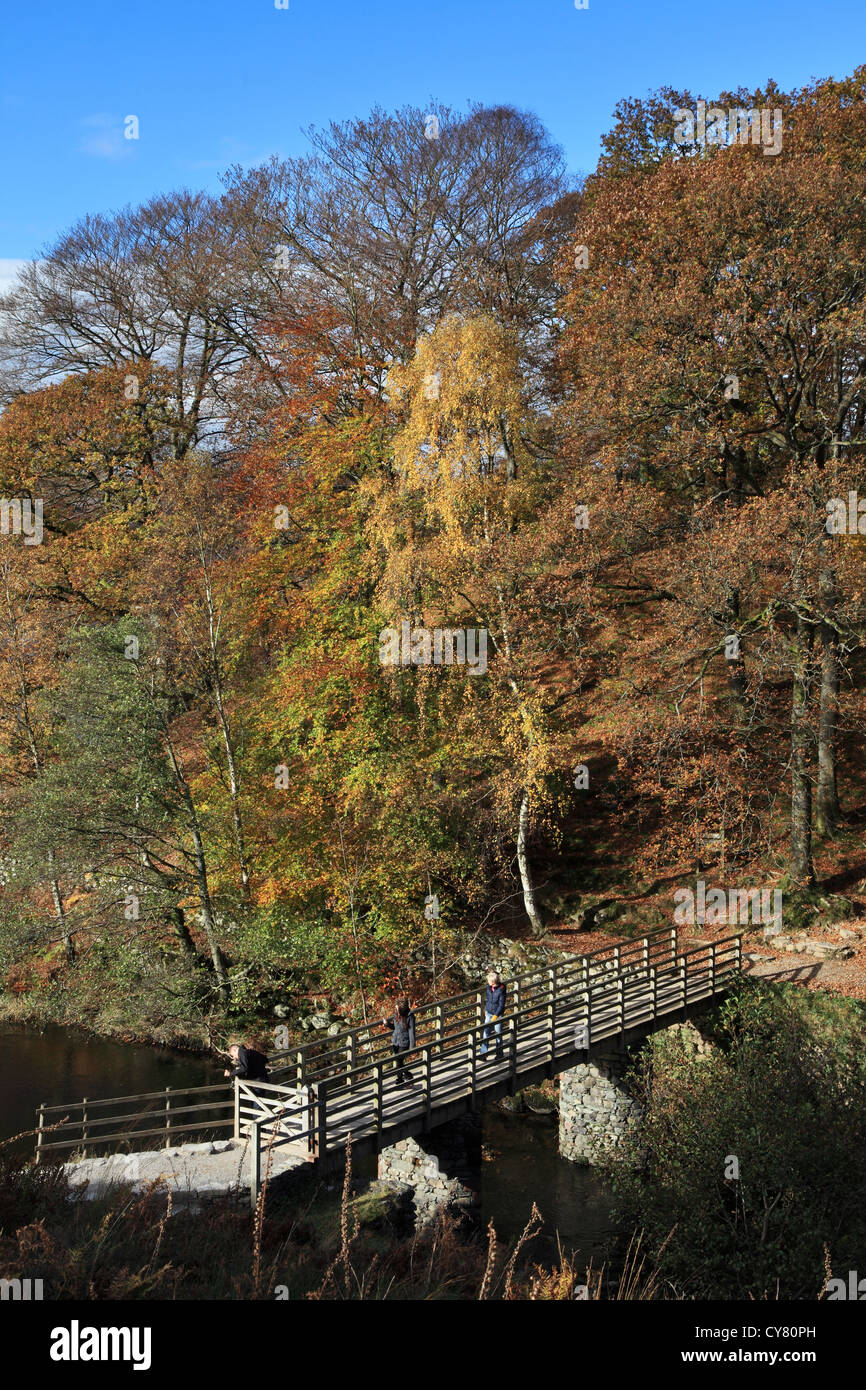 Walkers attraversando ponte di legno Grasmere, Lake District inglese, REGNO UNITO Foto Stock