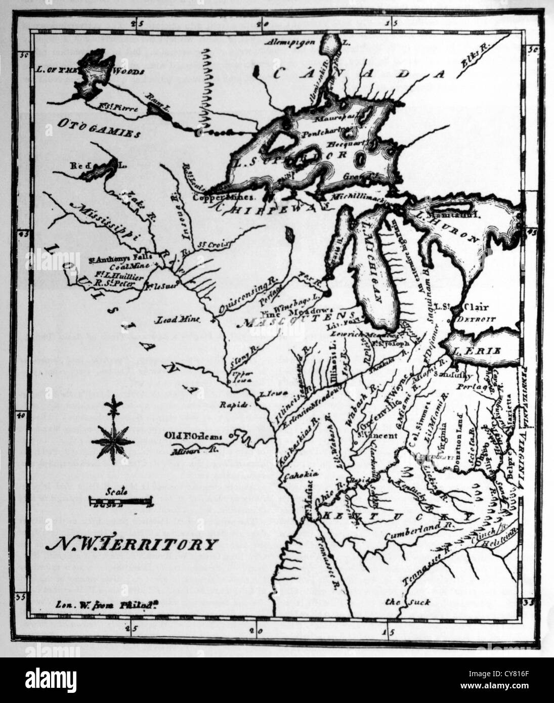 Territori del nord-ovest mappa da Stati Uniti dizionario geografico, Philadelphia, Pennsylvania, USA, incisione, circa 1795 Foto Stock