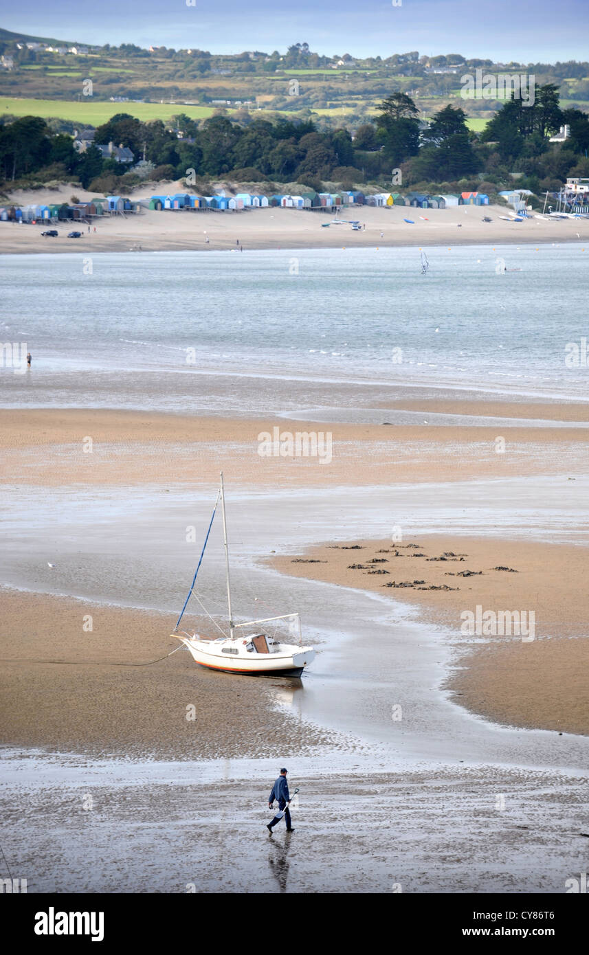 Un pescatore che trasportano una vanga per scavare per lugworms attraversa le sabbie su Borth Fawr o la spiaggia principale di Abersoch sul Lleyn Peninsul Foto Stock