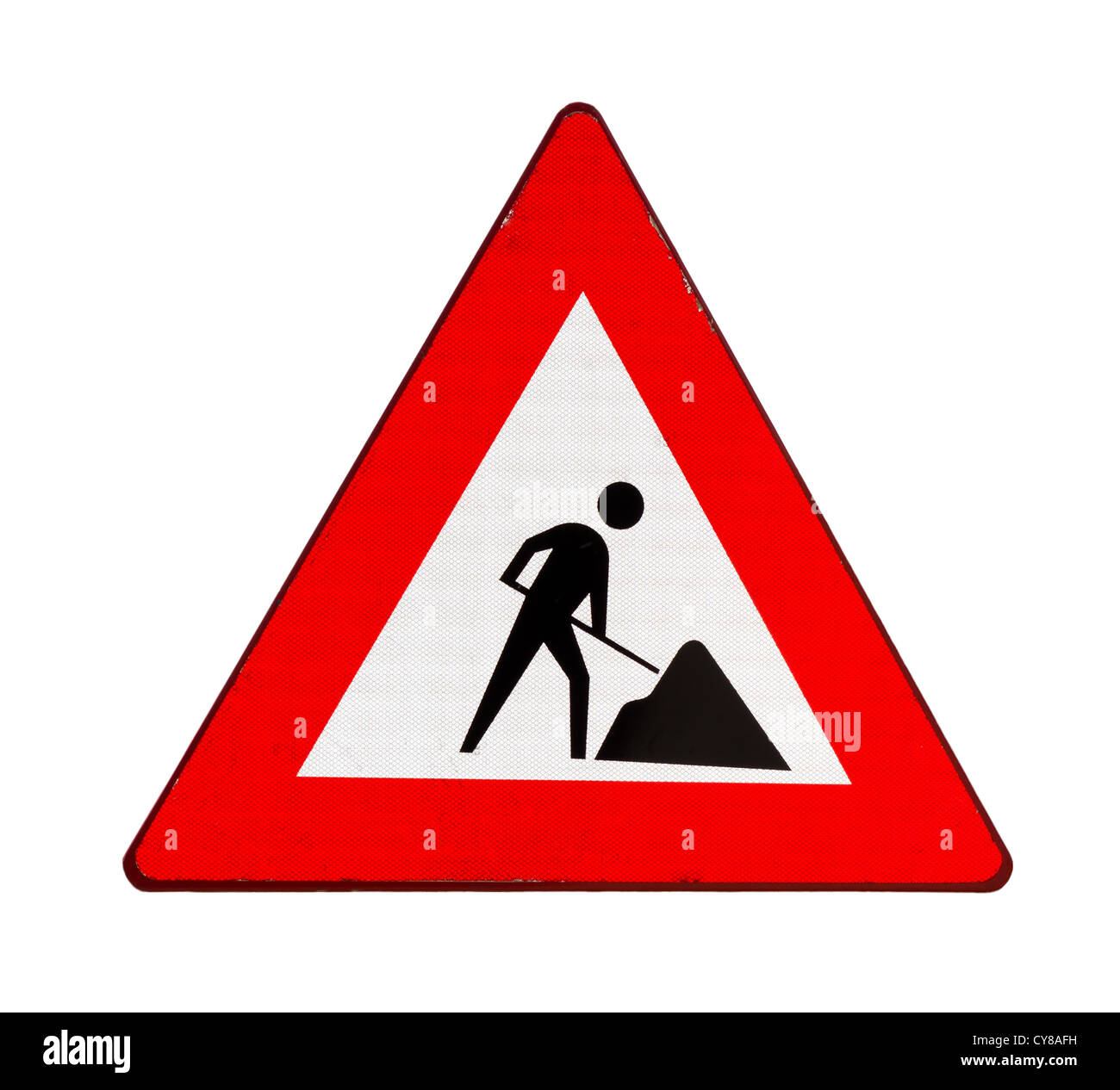 Cartello stradale che indica i lavori stradali in anticipo, isolato su sfondo bianco Foto Stock