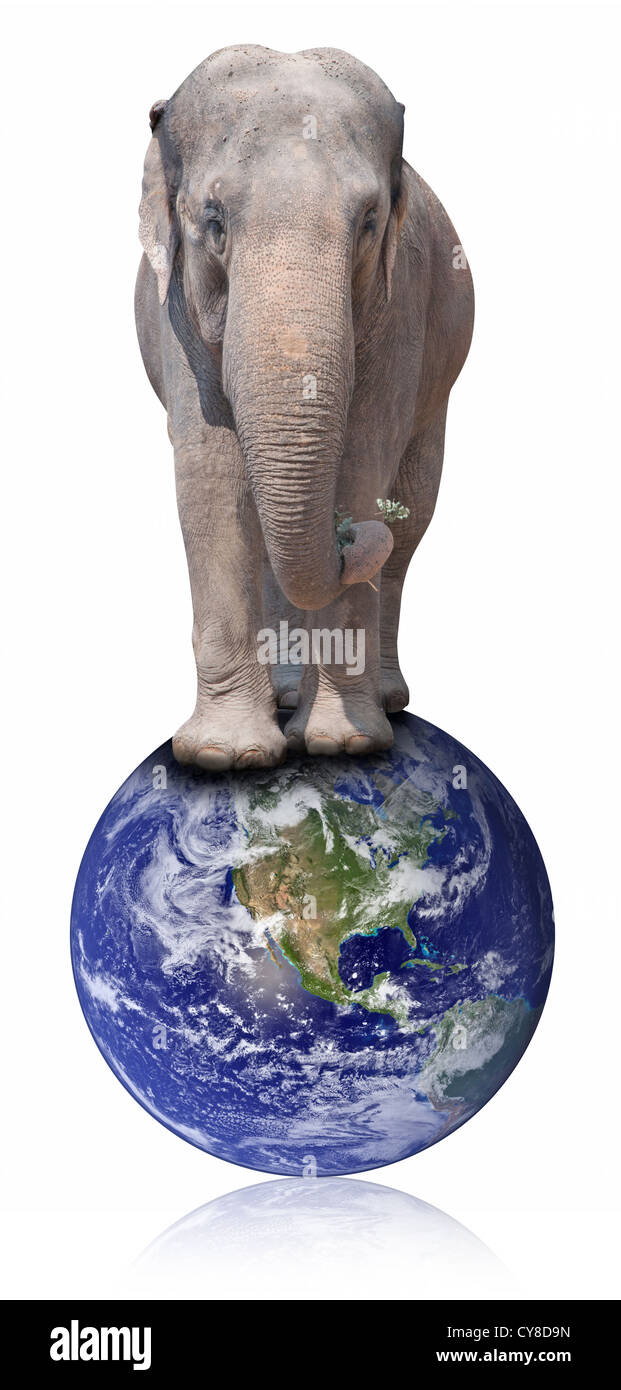 Elefante in piedi sul globo terrestre - Isolato su bianco. Termini di utilizzo: http://visibleearth.nasa.gov/useterms.php Foto Stock