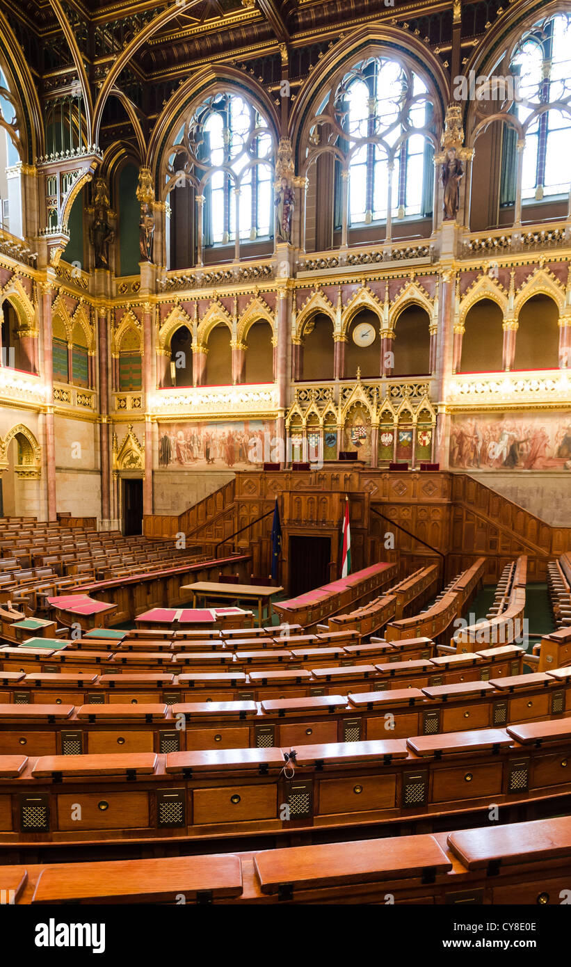 La camera del Congresso in Ungheria il Parlamento, Budapest City. La camera è decorata con soffitto wainscoted e marmo loft. Foto Stock