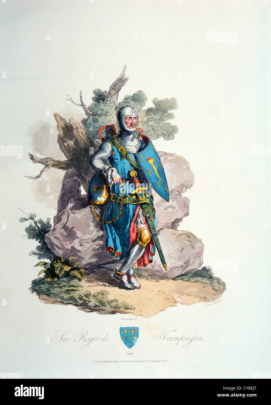 Sir Roger de Trumpington, Cavaliere Crociato, 1270, incisione Hand-Colored Foto Stock