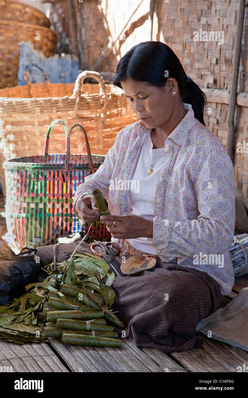 Myanmar Birmania. Donna birmano di Intha gruppo etnico rendendo Cheroots, Lago Inle, Stato di Shan. Foto Stock