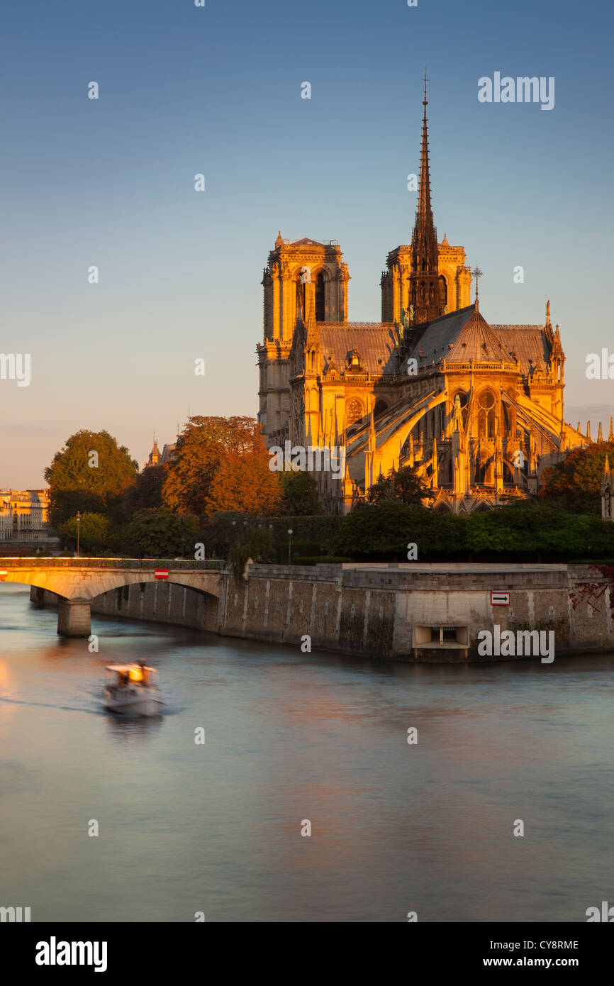 Sunrise sulla Cattedrale di Notre Dame lungo le rive del Fiume Senna, Parigi Francia Foto Stock