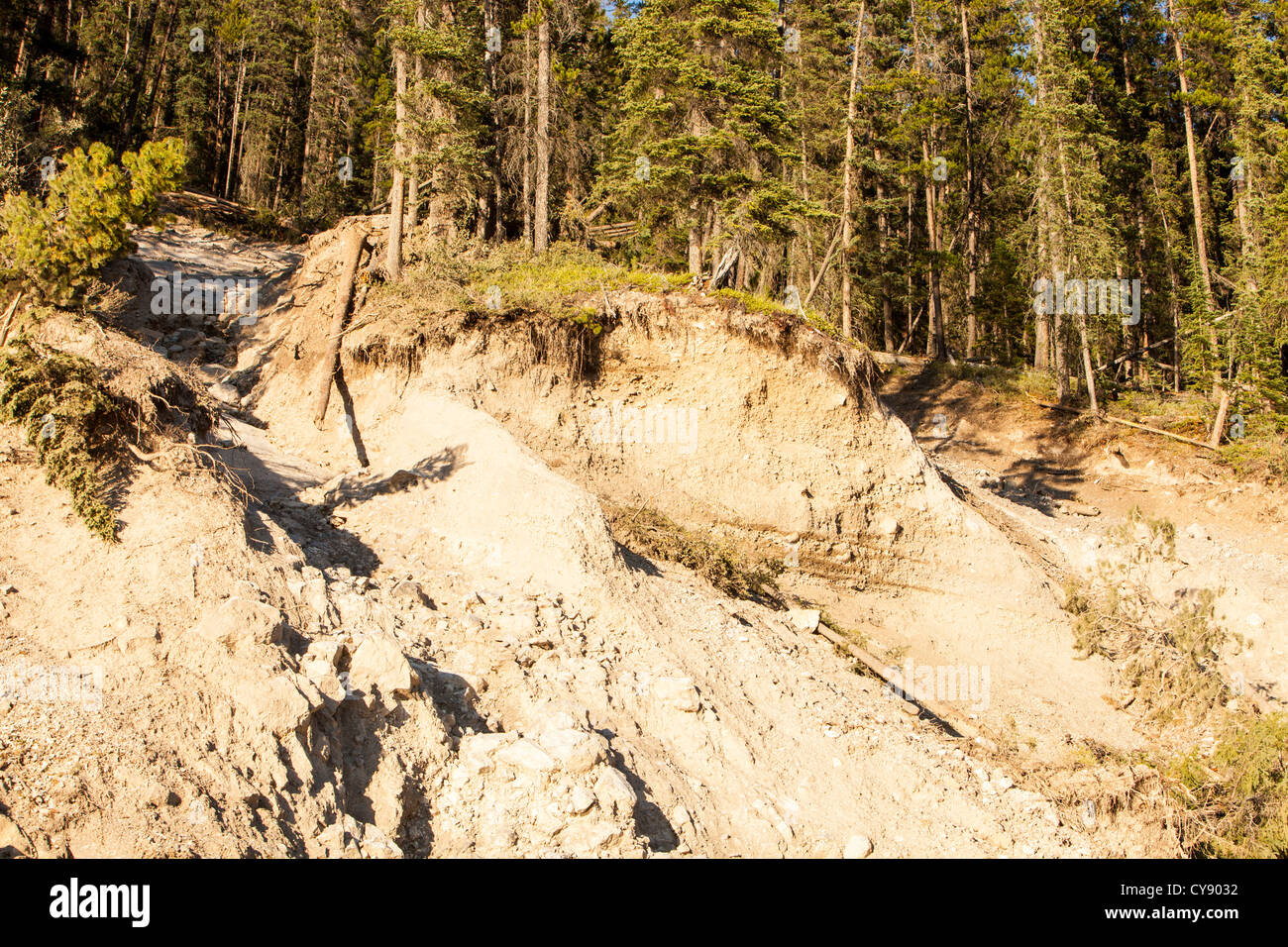 2012 un acquazzone dal Lago Maligne nei pressi di Jasper nelle Montagne Rocciose Canadesi,causati da una frana che ha chiuso la strada. Foto Stock