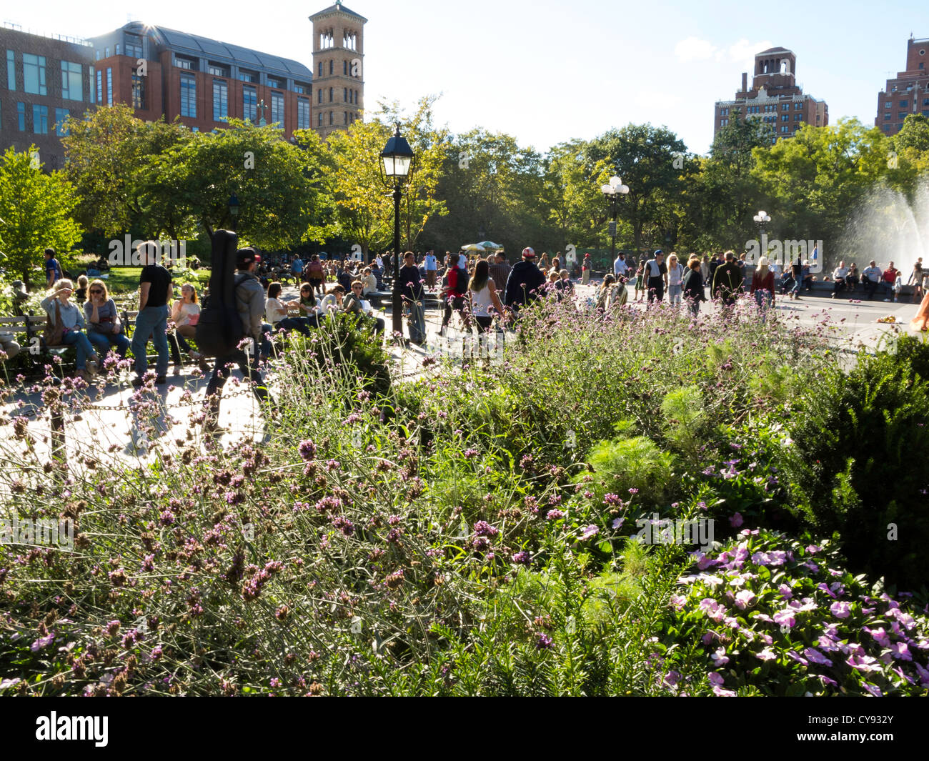 Il paesaggio e la folla, Washington Square Park, Greenwich Village, NYC Foto Stock