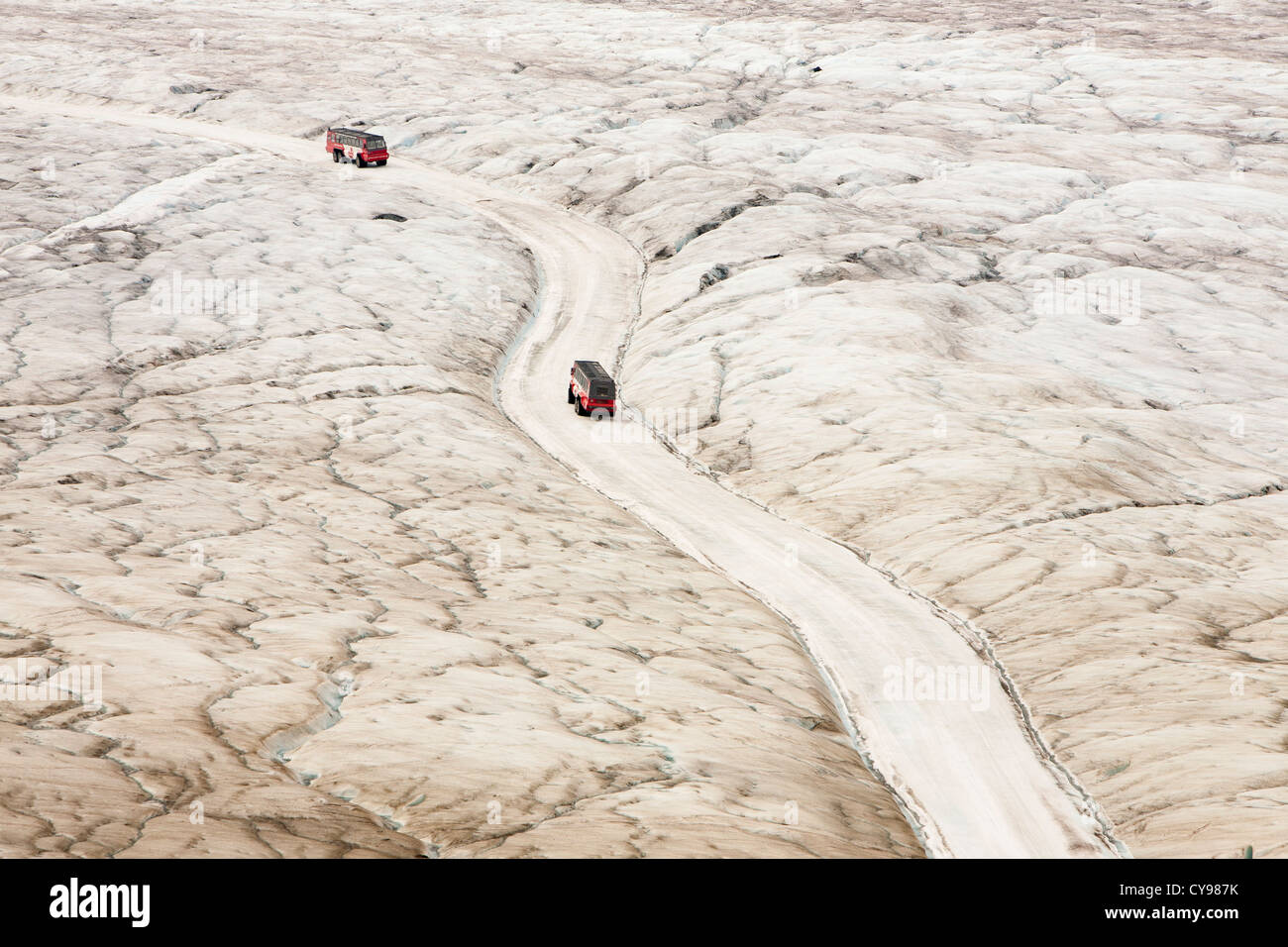 Turismo buggy di ghiaccio del Ghiacciaio Athabasca che sta svanendo in modo estremamente rapido e ha perso oltre il 60% della sua massa di ghiaccio Foto Stock