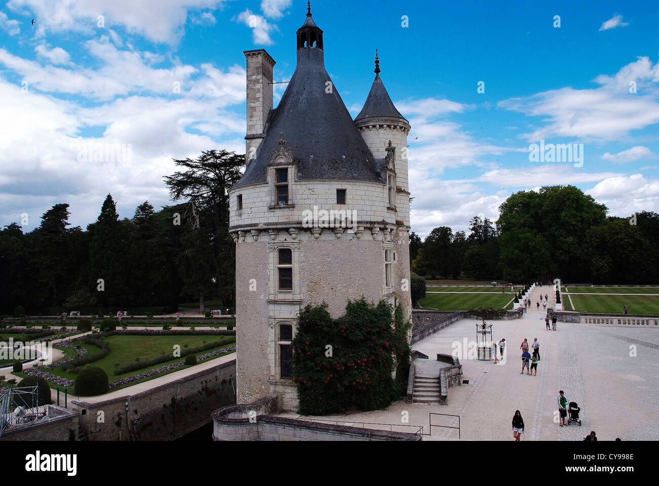 Francia Château de Chenonceau è un maniero vicino al piccolo villaggio di Chenonceaux, Valle della Loira. La Torre Marques. Foto Stock