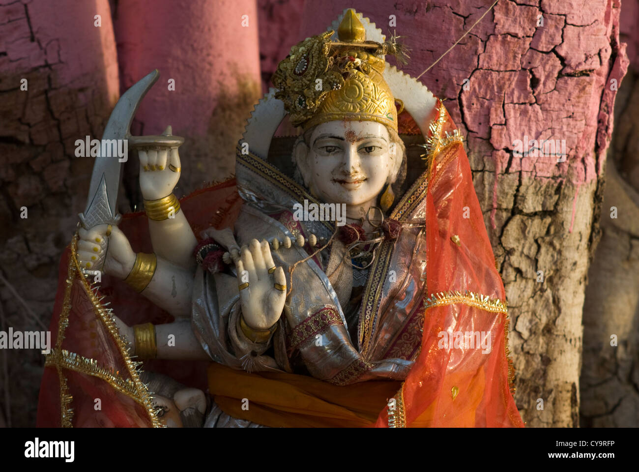 Un marmo decorato statuetta del diety indù Durga, presso un santuario di Pushkar, Rajasthan, India Foto Stock