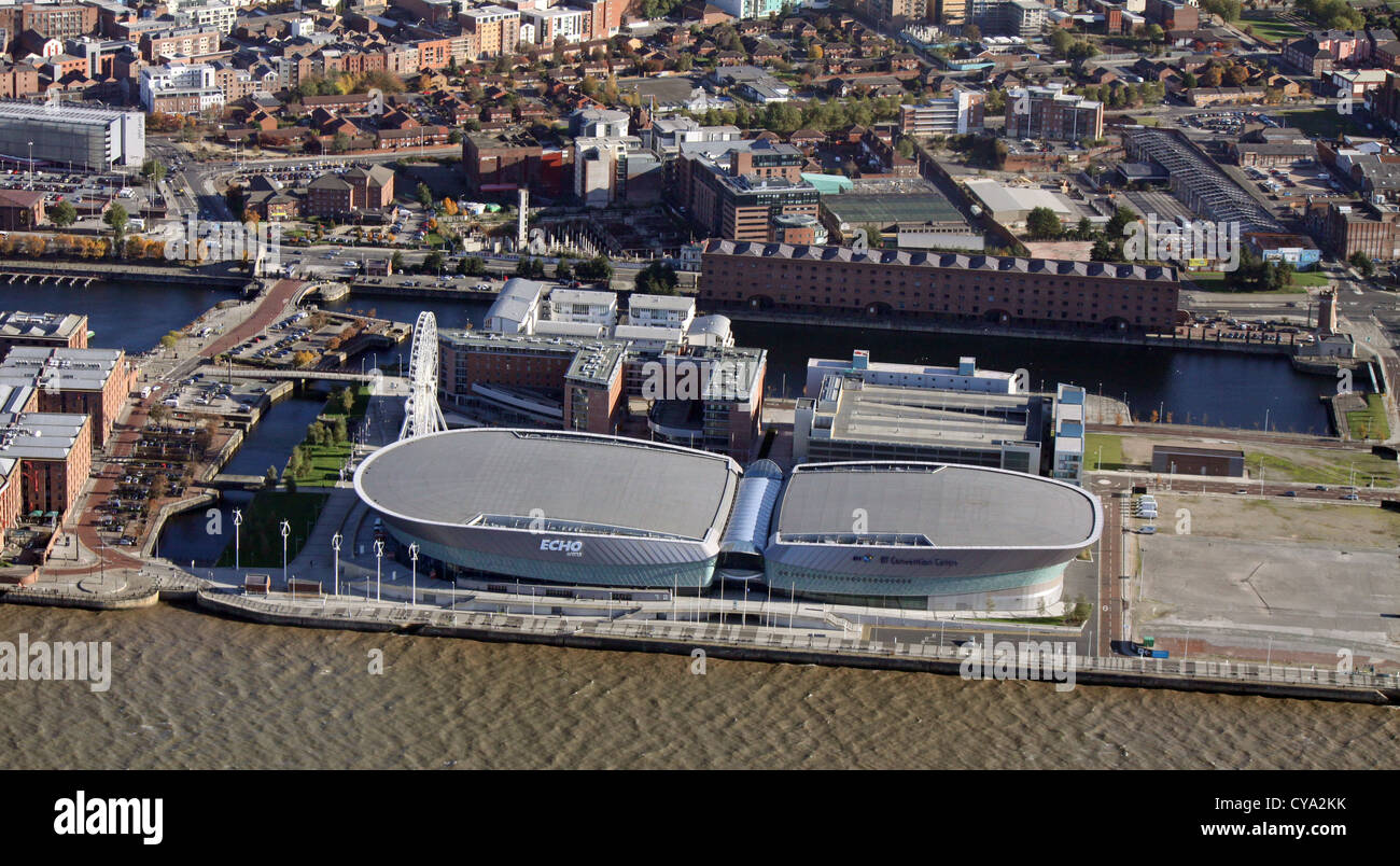 Vista aerea del Liverpool Echo Arena sul Mersey, Liverpool Foto Stock