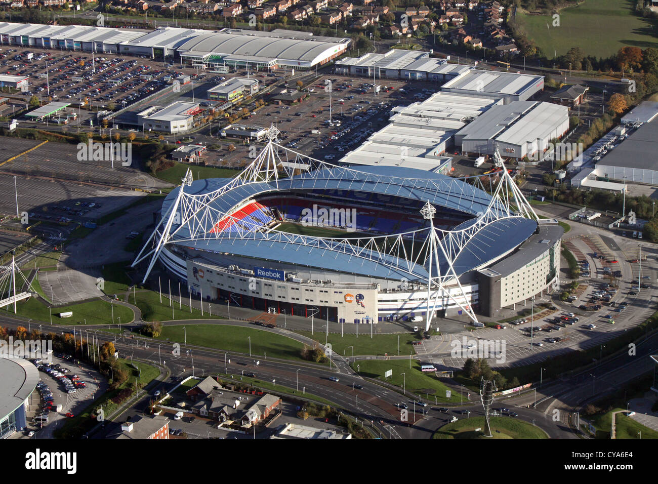 Veduta aerea dello Stadio Bolton Wanderers' University of Bolton Foto Stock