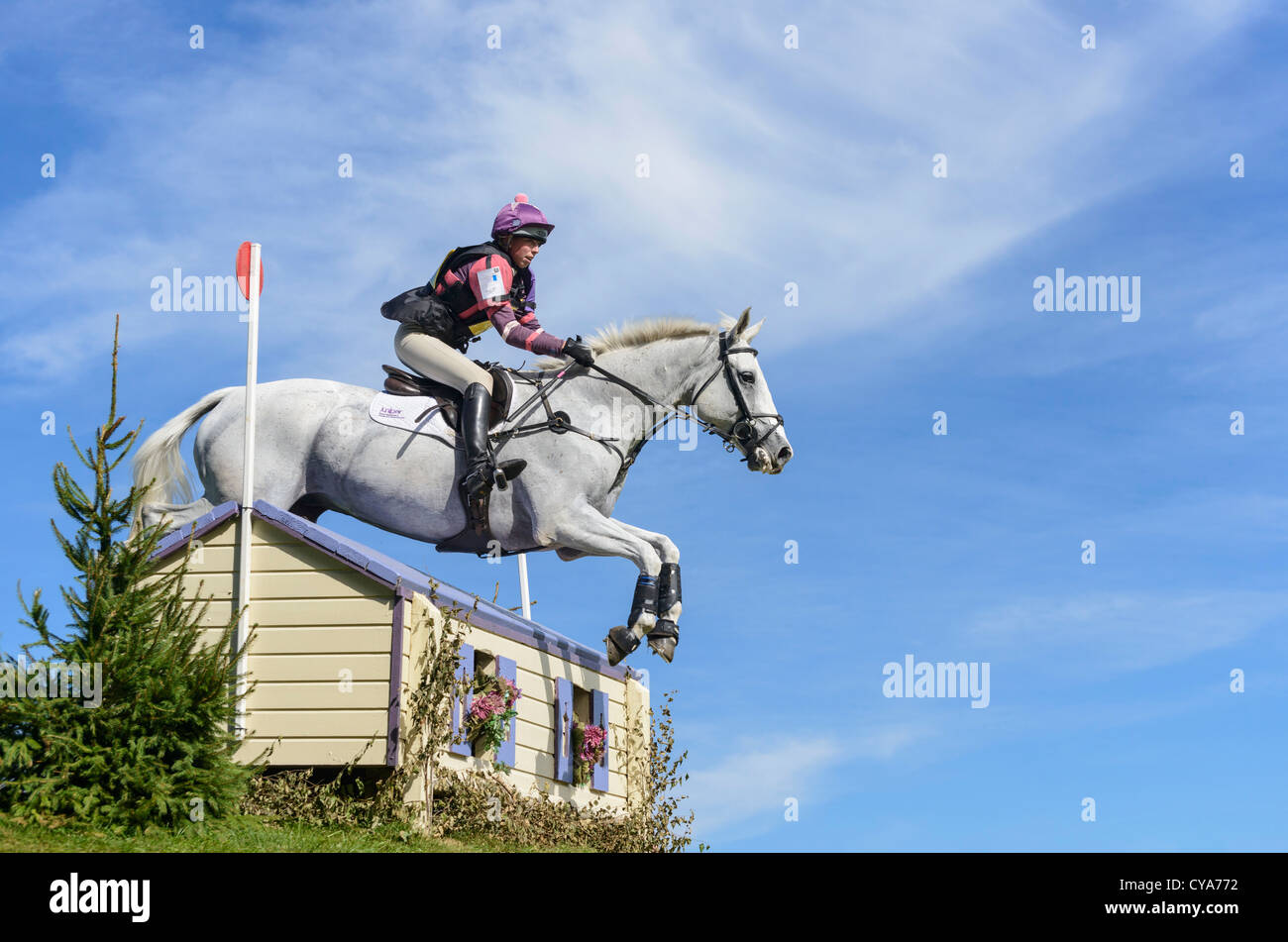 Un concorrente negozia un salto durante il cross country stadio del Palazzo di Blenheim International Horse Trials Oxfordshire UK Foto Stock