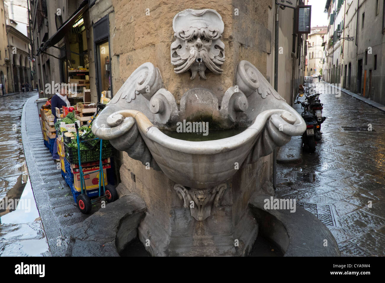 Vecchia fontana ornata sulla strada di Firenze Italia Foto Stock