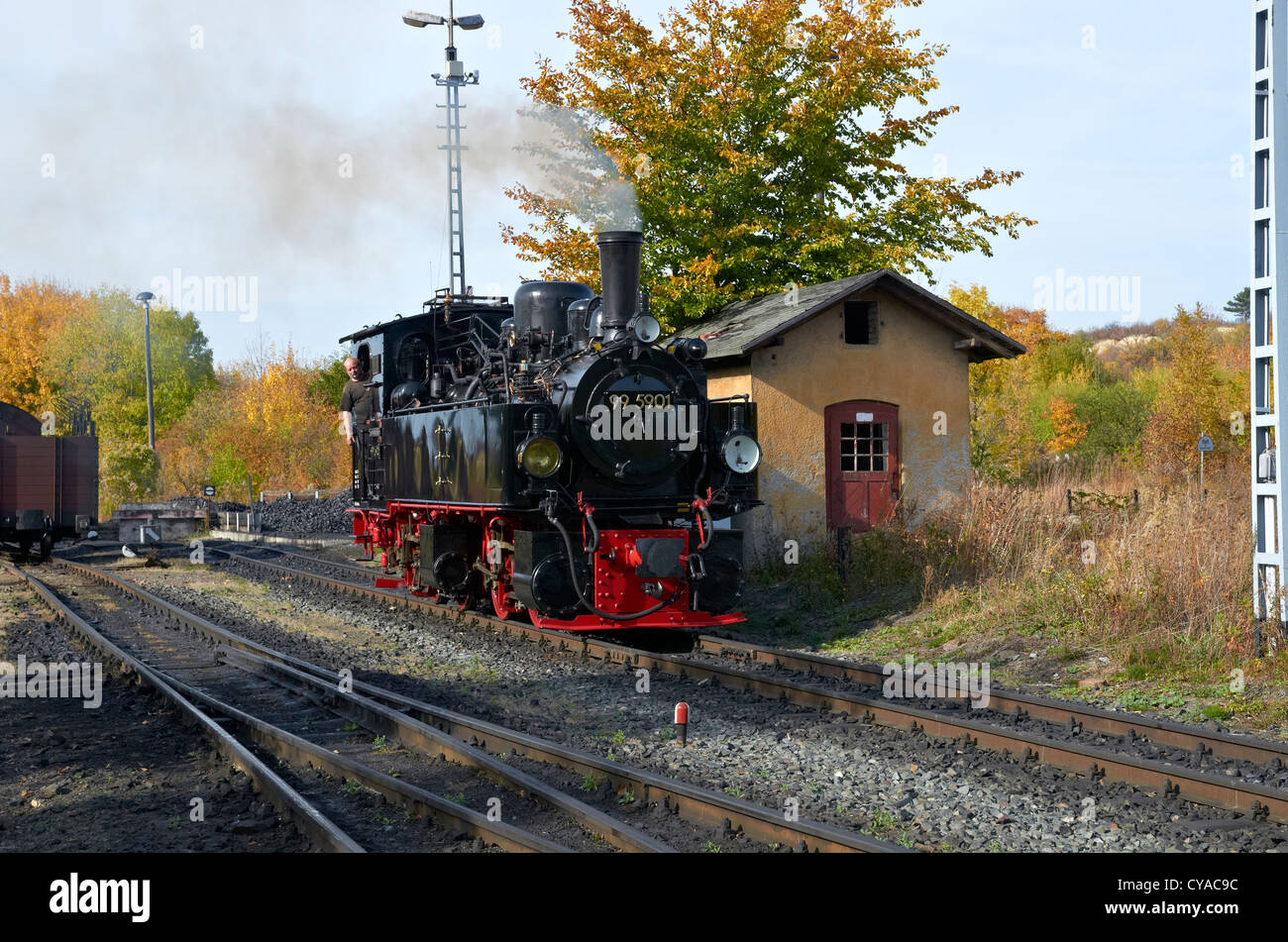 Harzer Schmalspurbahnen vapore patrimonio loco presso Gernrode sparso sulla linea Selketalbahn. Mallet 0-4-4-0T serbatoio del motore 99 5901 Foto Stock