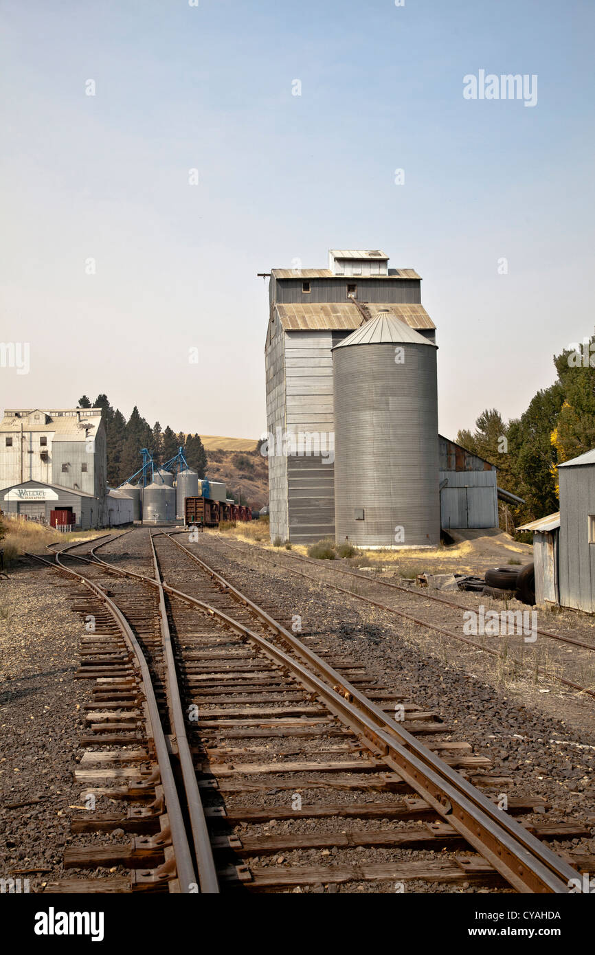 Linea ferroviaria e silos per il grano in Palouse county nello Stato di Washington STATI UNITI D'AMERICA Foto Stock