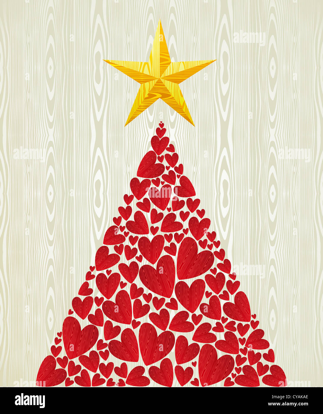 Natale amore cuore pino su legno pattern texture dello sfondo. Illustrazione Vettoriale stratificata per una facile manipolazione e colorazione personalizzata. Foto Stock