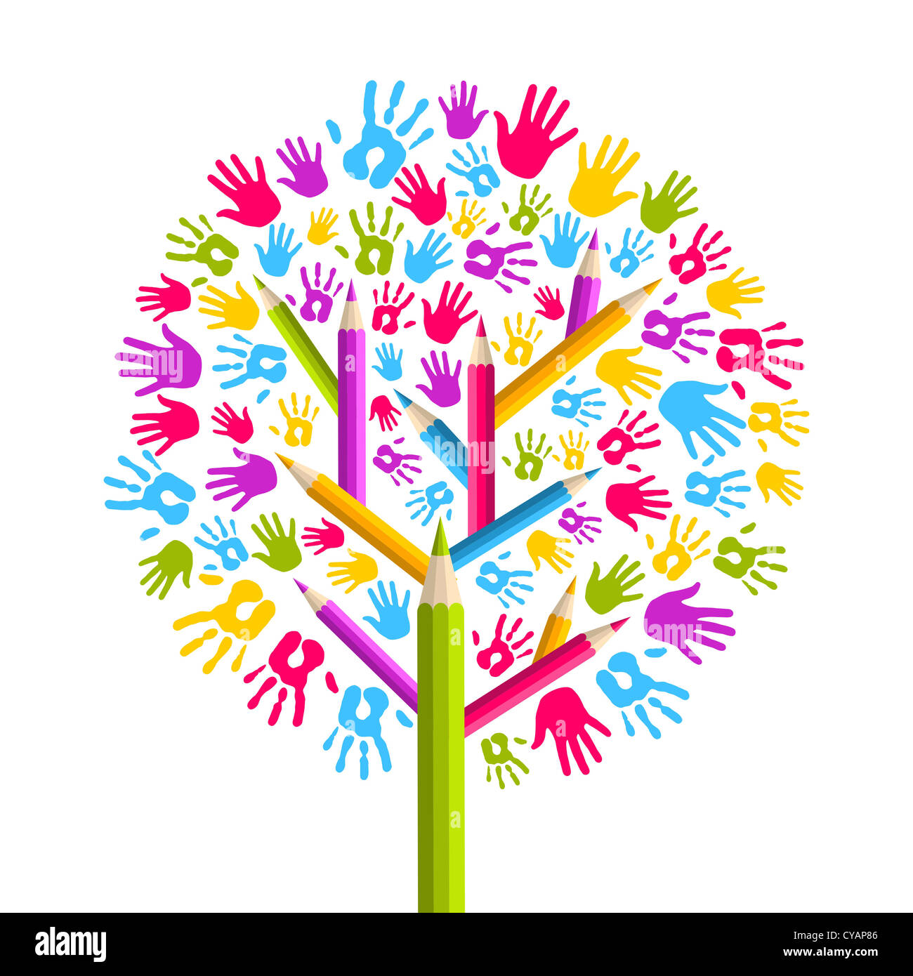 Diversità isolato in eductaion concept tree mani illustrazione. File vettoriale stratificata per una facile manipolazione e colorazione personalizzata. Foto Stock