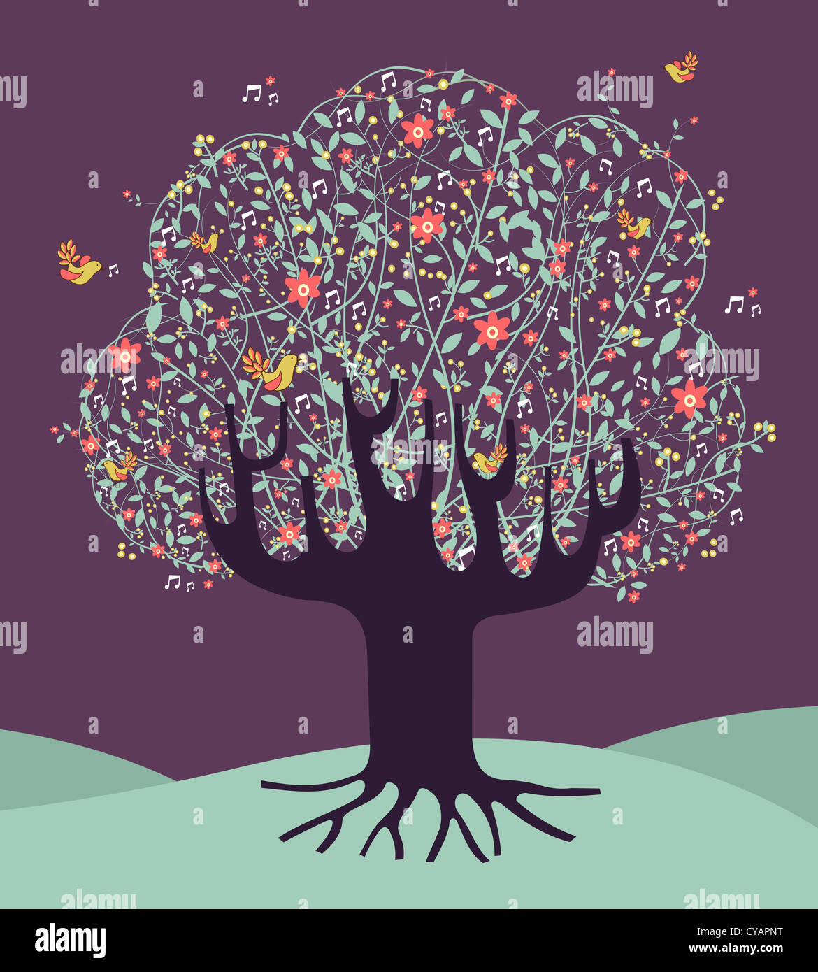 Primavera musicale tempo composizione ad albero con fiori. File vettoriale stratificata per una facile manipolazione e colorazione personalizzata. Foto Stock