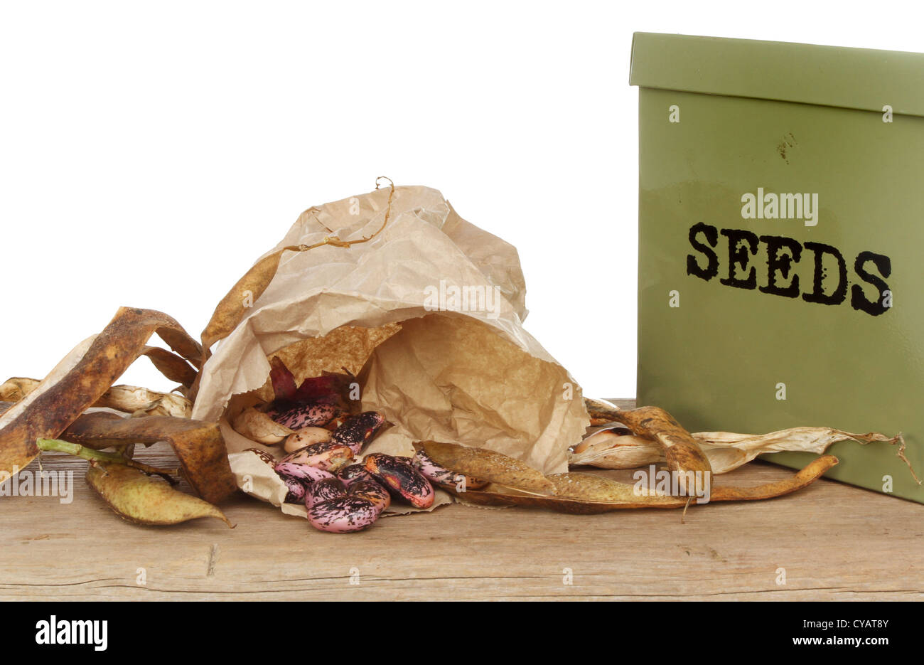 Runner semi di fagiolo, sbuccia, un sacchetto di carta e un seme stagno su una tavola di legno Foto Stock