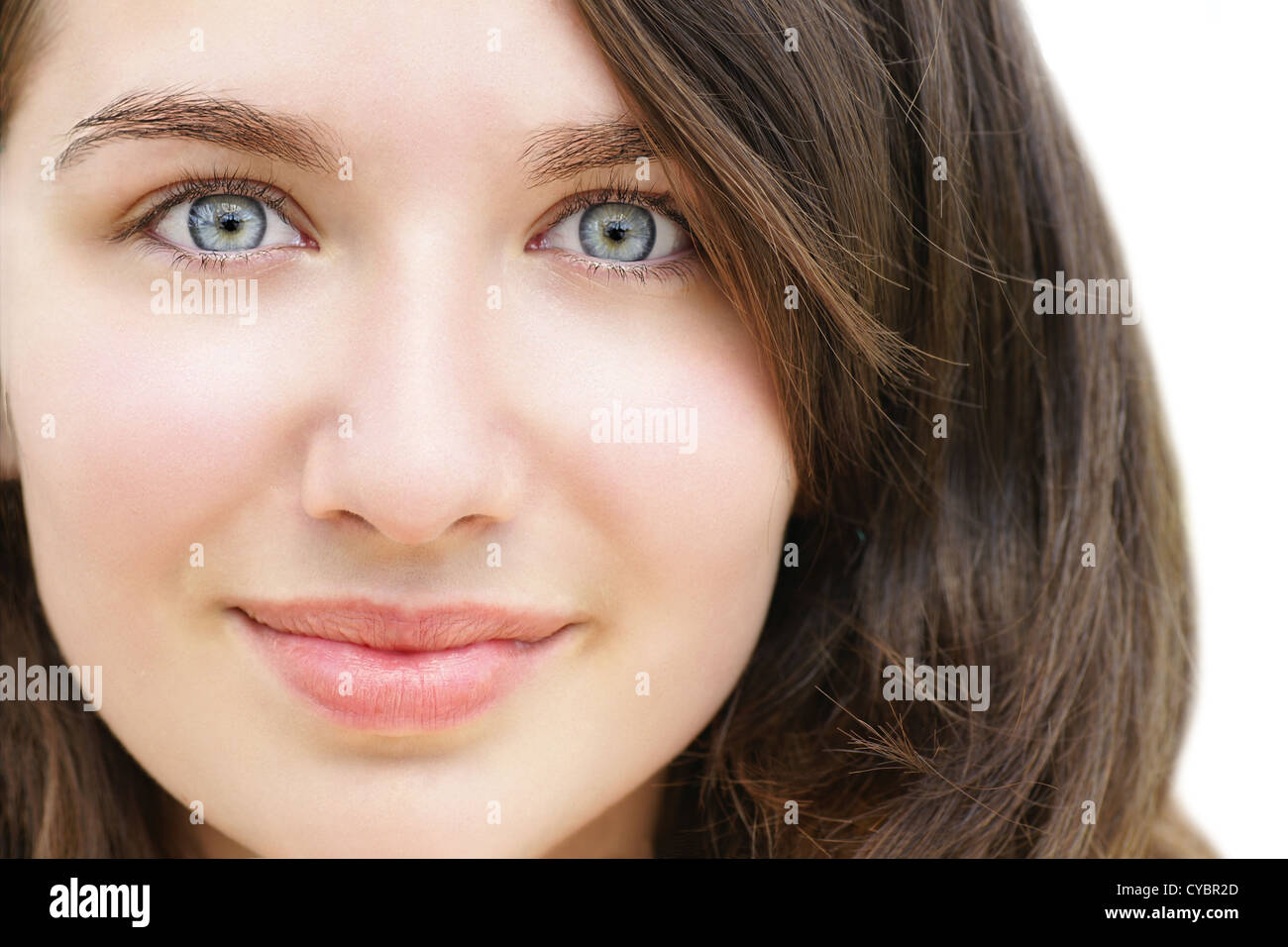 Ritratto di pelle pallida donna giovane con occhi azzurri, funny face. Foto Stock