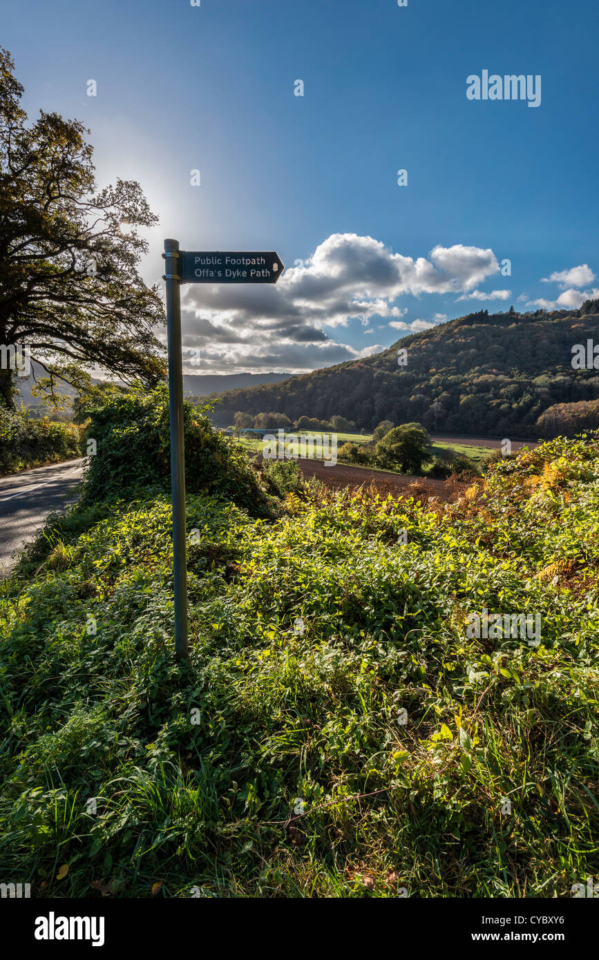 Marcatura Signpost Offa's Dyke Percorso nella valle del Wye in autunno su luminosa giornata autunnale. Foto Stock