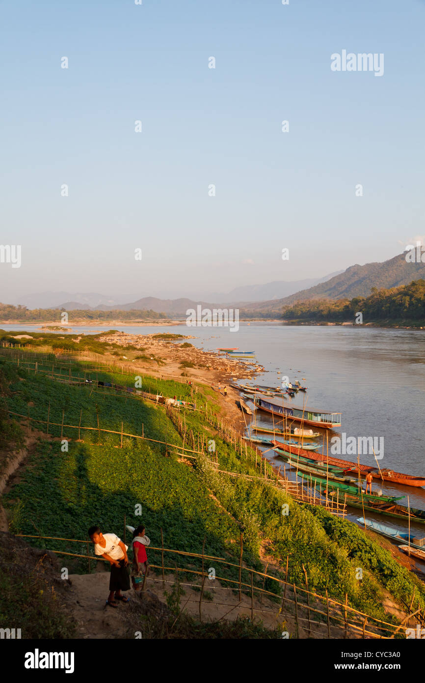 Tipico Riverboats sul fiume Mekong vicino a Luang Prabang, Laos Foto Stock